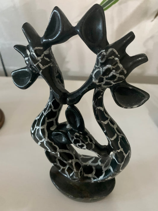 African Soap stone hand carved black giraffe family of 3