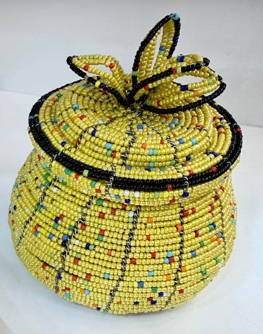 Beaded Jar with Lid – hand made Yellow – African