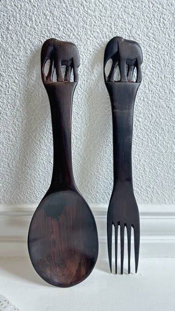 African Ebony wood hand carved Salad spoon/Fork with Elephant head