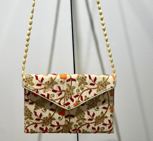 Cream and Red Embroidered Purse