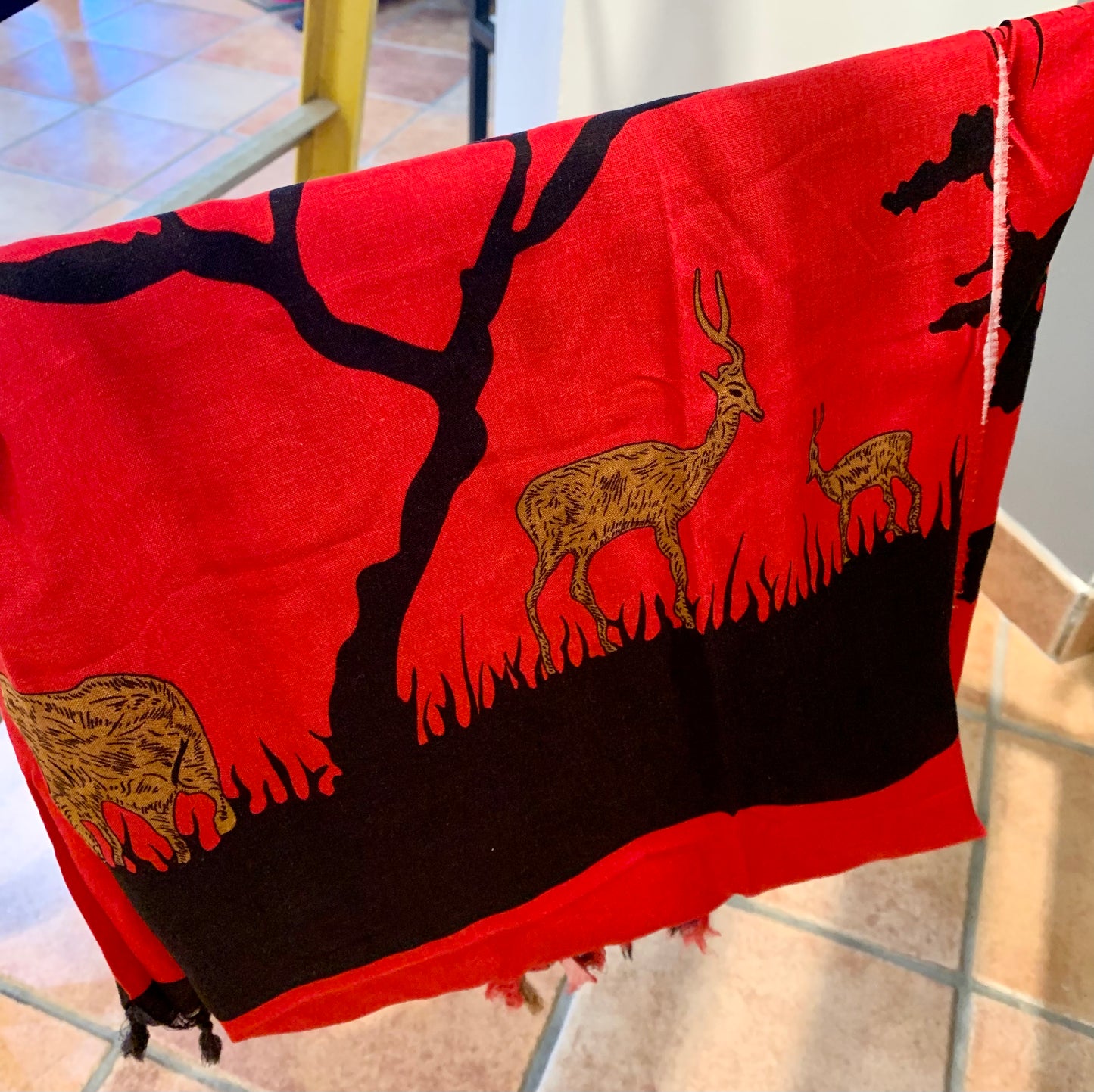 Red and Black Elephant, Giraffe and Antelope Scarf – African