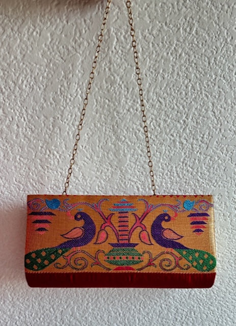 Handmade Peacock maroon and gold purse