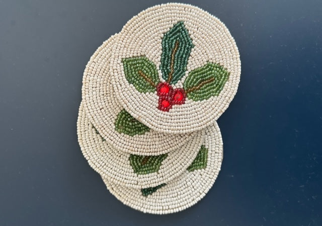 Set of 4 beaded American Holly Christmas coasters